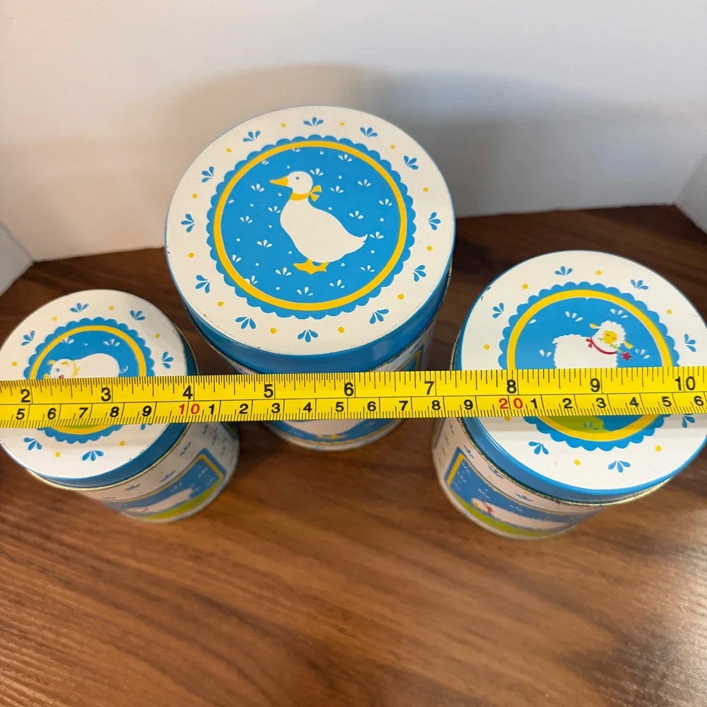 Vintage 1984 WA Nesting Kitchen Canisters Set of 3 Goose Sheep Pig Farm Blue Tin
